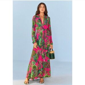 FARM RIO Pink Leaves Long Sleeve V-Neck Maxi Dress Size XXS
